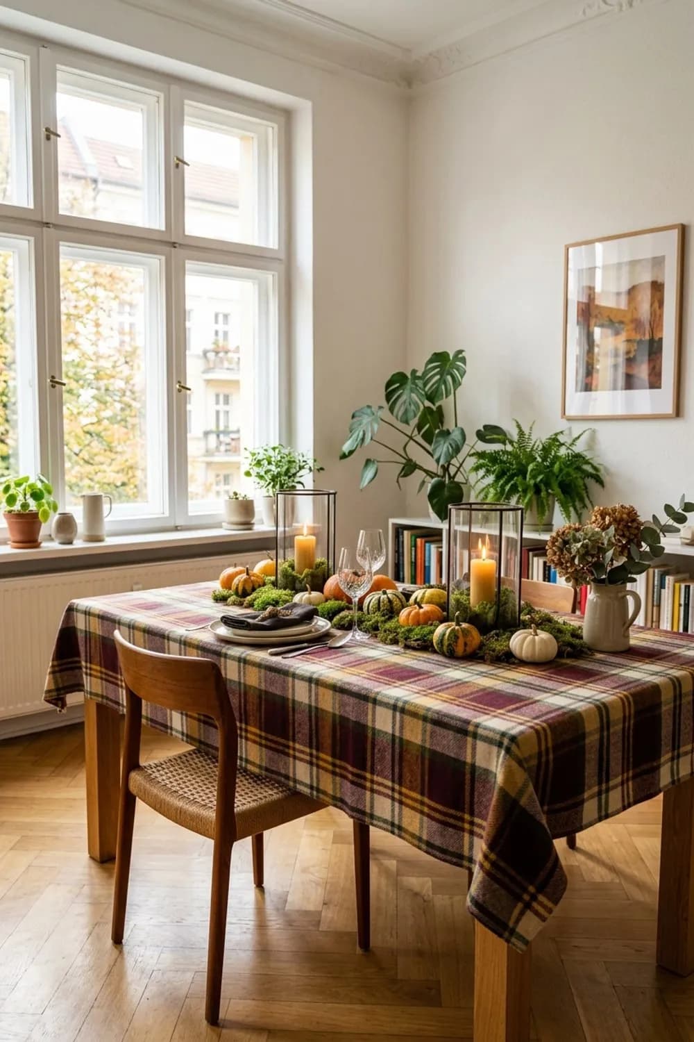 Herbstliche Tafel: Kariertes Plaid als Tischdecke, Zierkürbisse und Windlichter mit Moos – Esstisch dekorieren: 7 schöne Ideen
