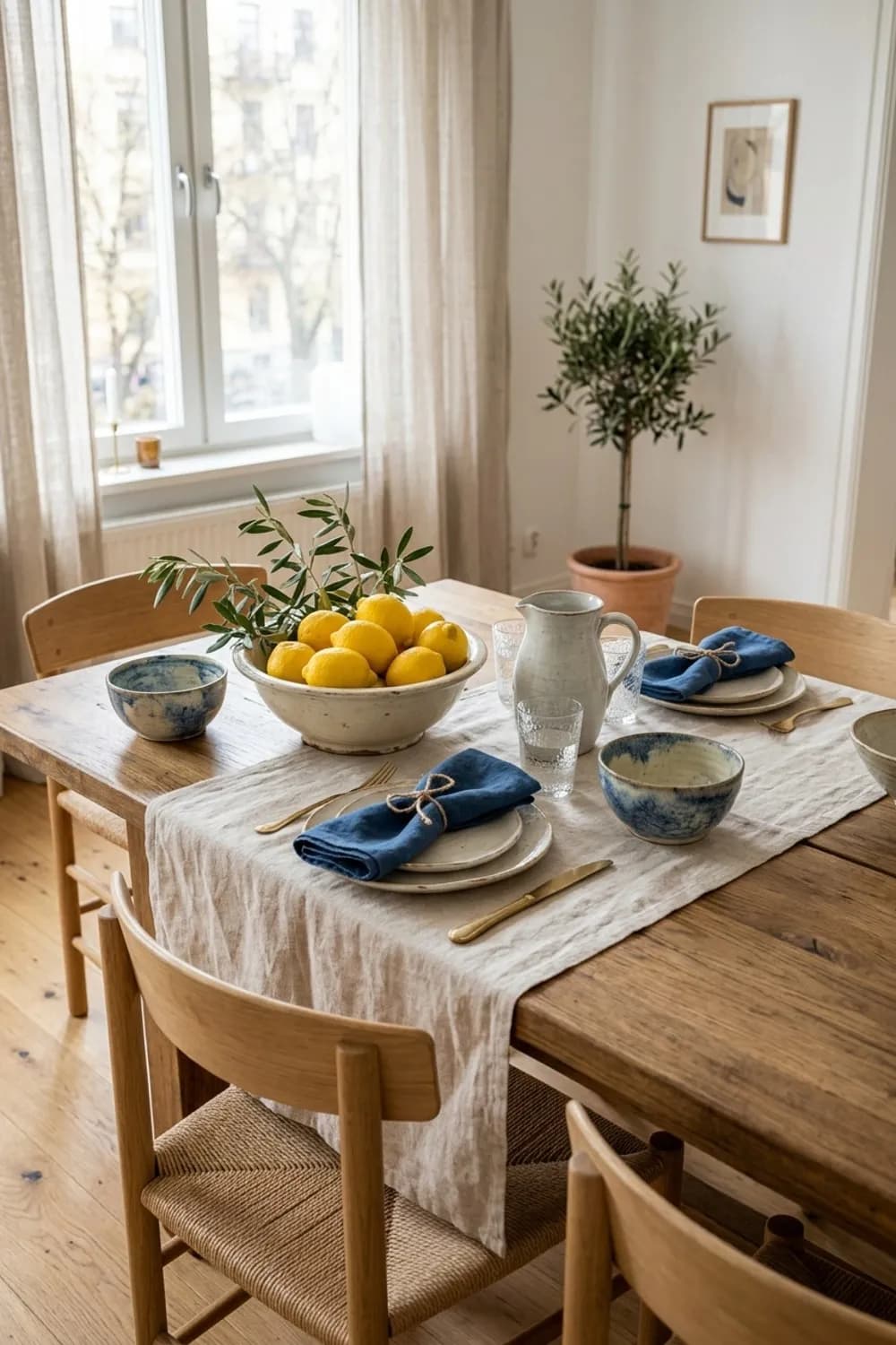 Mediterranes Urlaubsfeeling: Blaue Stoffservietten, Zitronen in einer Schale und handgetöpferte Schalen – Esstisch dekorieren: 7 schöne Ideen