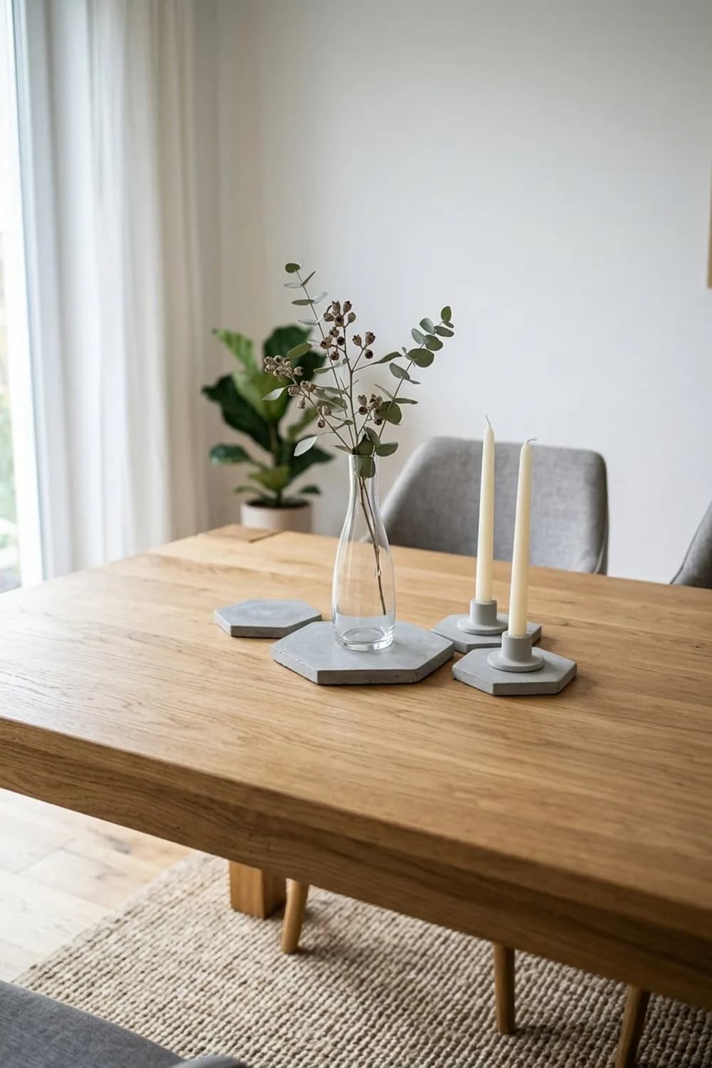 Puristischer Look: Graue Beton-Untersetzer, eine einzelne Glasvase und filigrane Stabkerzen – Esstisch dekorieren: 7 schöne Ideen