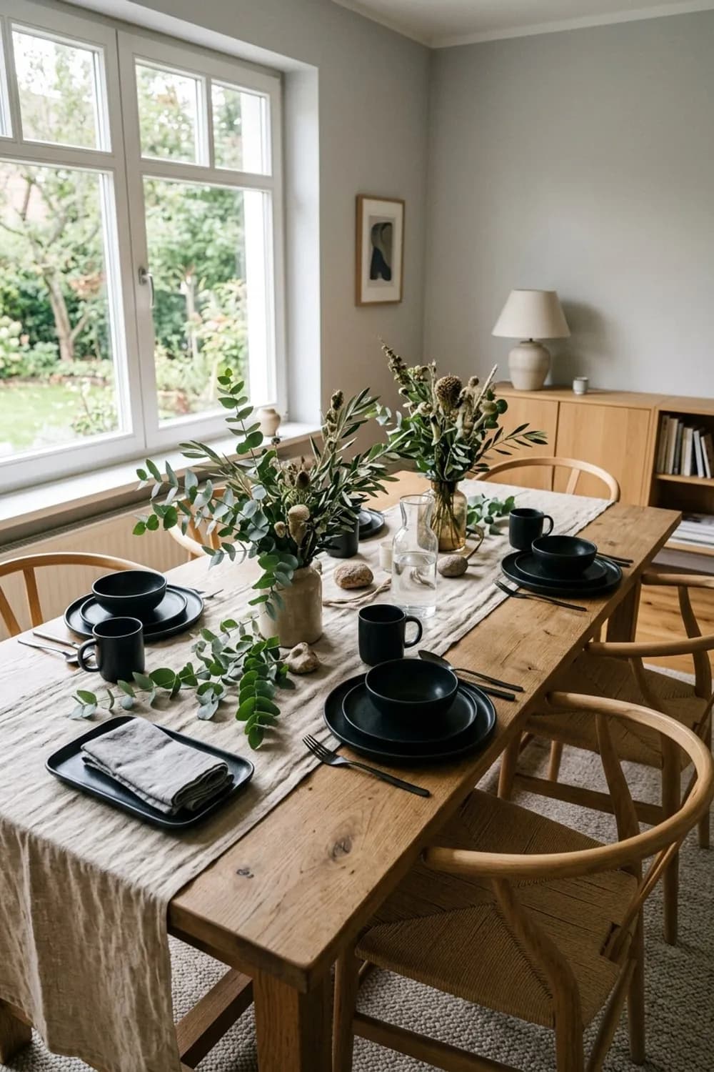 Skandinavische Leichtigkeit: Leinentischläufer, Eukalyptuszweige und schwarzes Keramikgeschirr – Esstisch dekorieren: 7 schöne Ideen