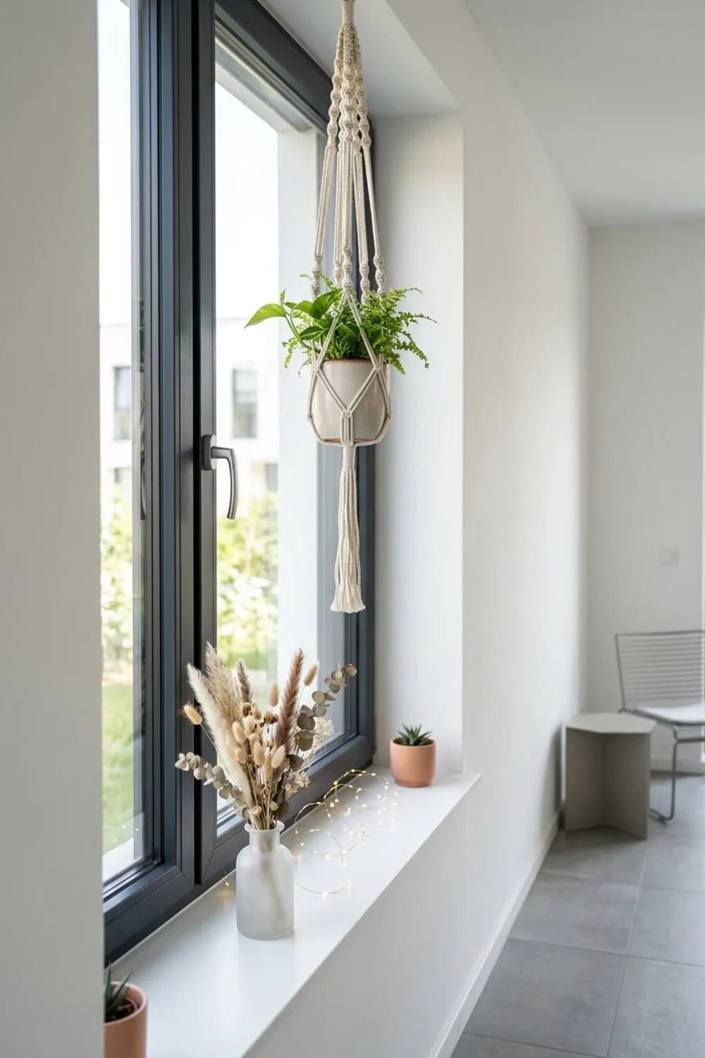 Boho-Vibes am Fenster: Makramee-Ampel, Trockenblumen und eine warmweiße Lichterkette – Fensterbank dekorieren: 10 schöne Ideen