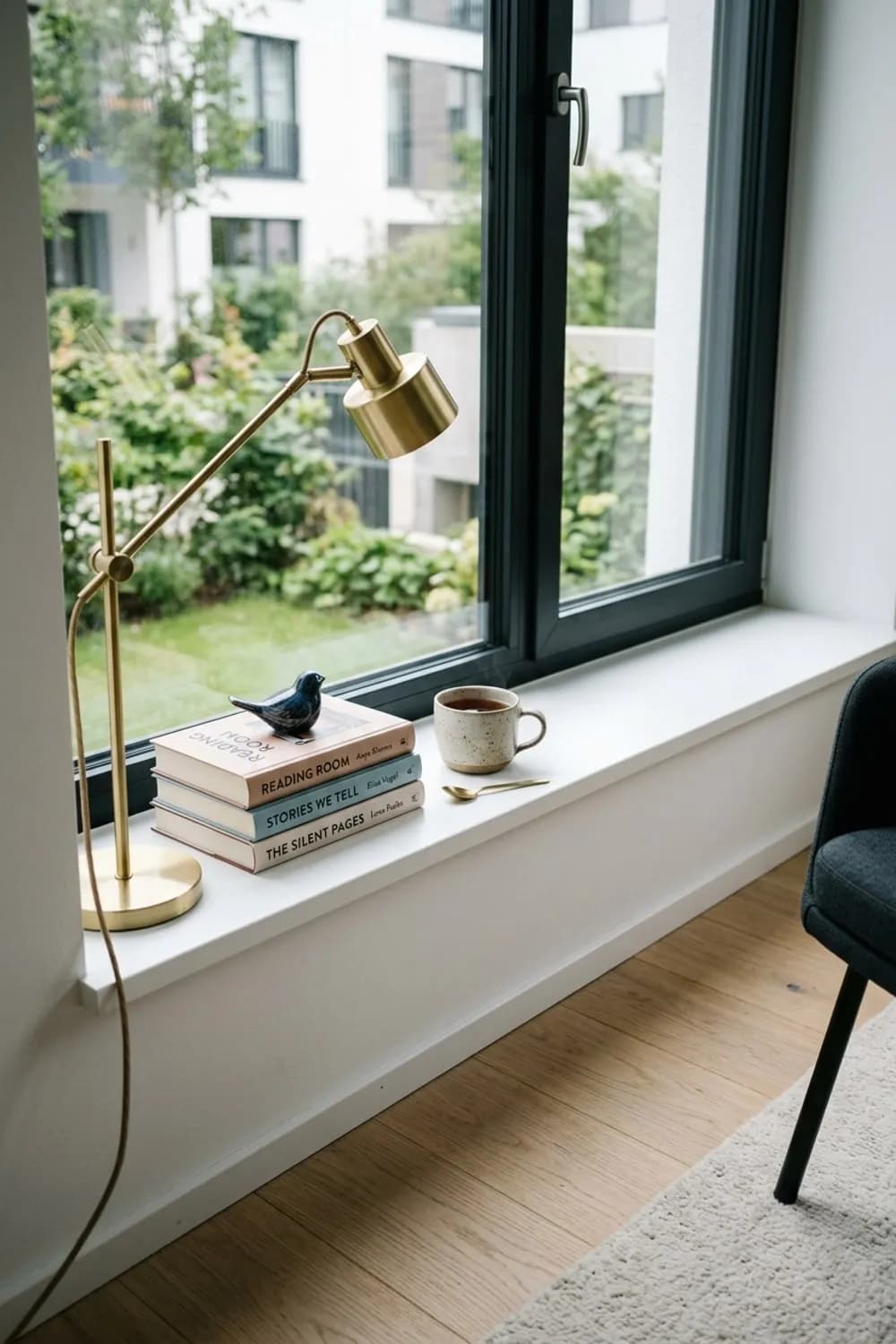 Die literarische Leseecke: Bücherstapel, eine Messing-Leselampe und eine Lieblingstasse – Fensterbank dekorieren: 10 schöne Ideen