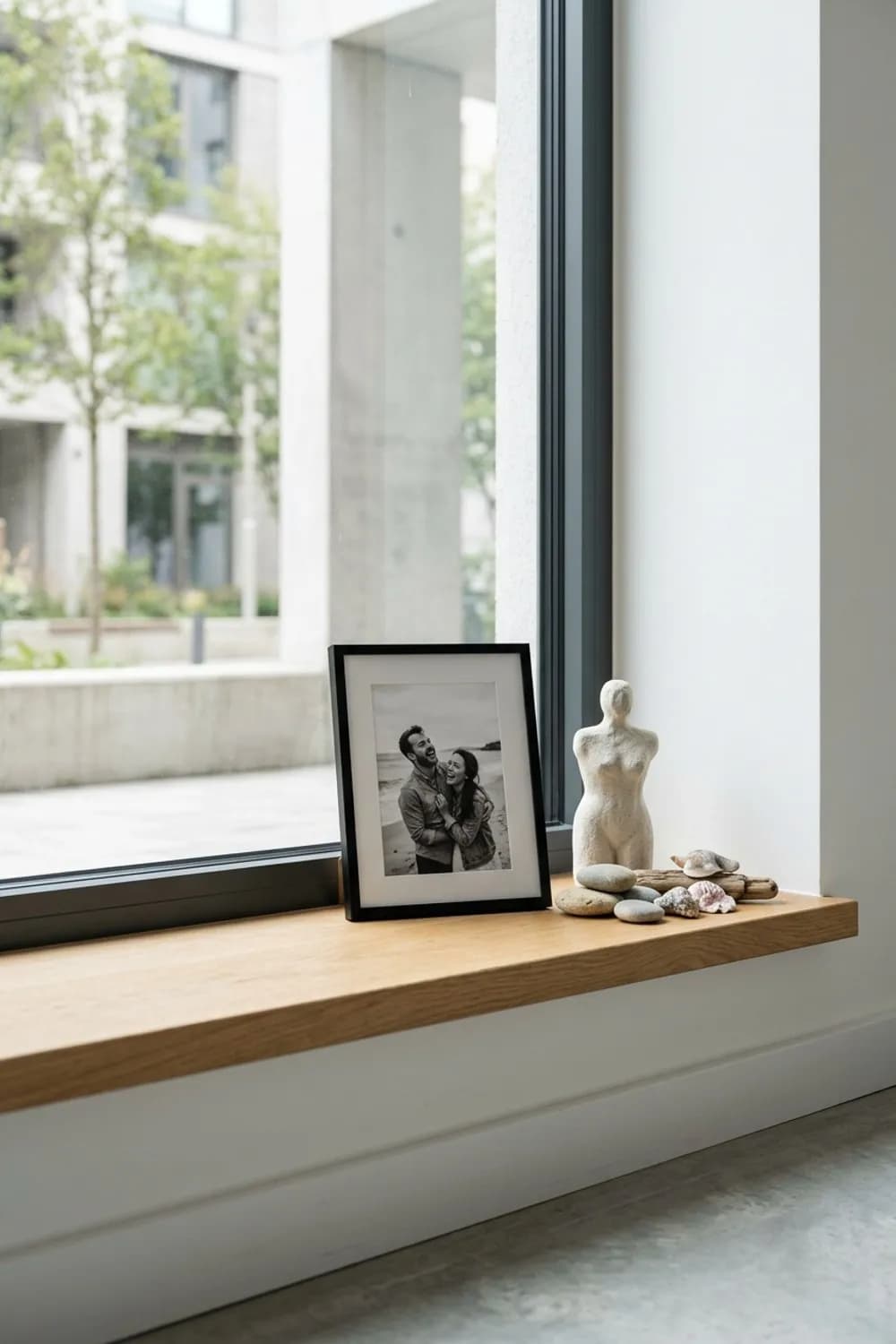 Galerie der Erinnerungen: Gerahmtes Foto, Fundstücke vom Strand und eine kleine Skulptur – Fensterbank dekorieren: 10 schöne Ideen