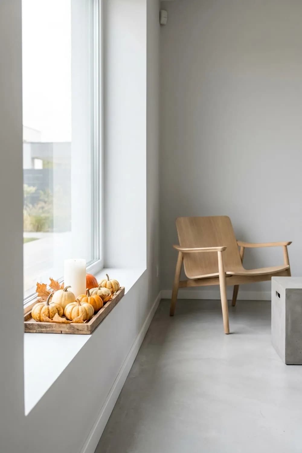 Herbstliches Stillleben: Zierkürbisse, getrocknete Blätter und eine Stumpenkerze auf einem Holztablett – Fensterbank dekorieren: 10 schöne Ideen