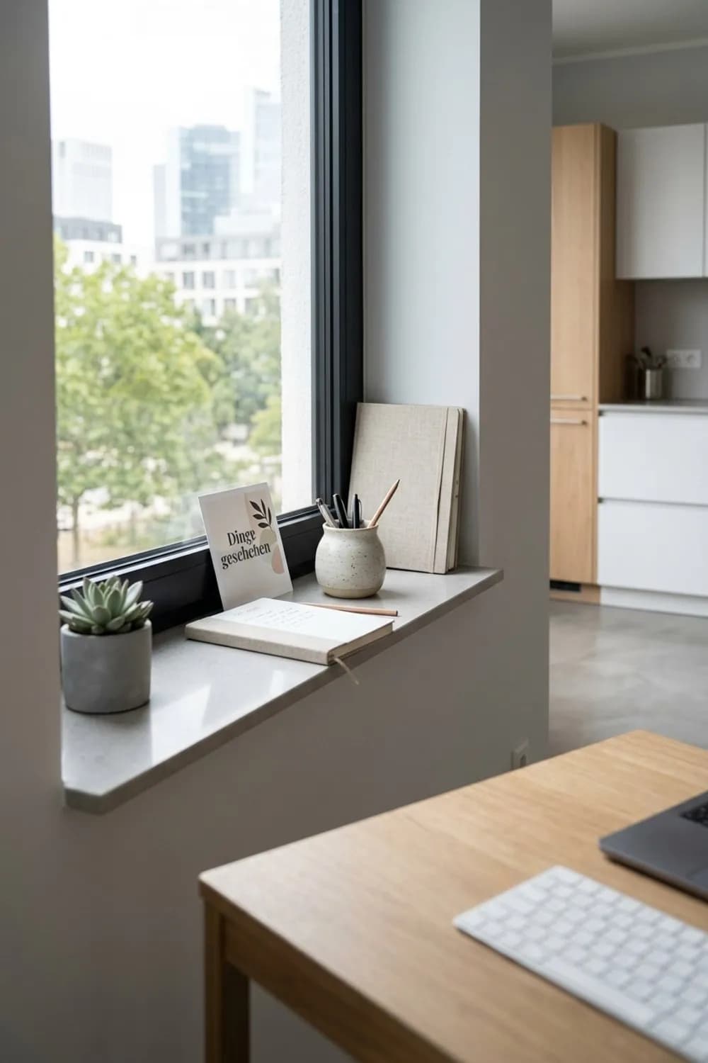 Kreative Ordnung im Arbeitszimmer: Keramik-Stiftebecher, ein schöner Notizblock und eine motivierende Postkarte – Fensterbank dekorieren: 10 schöne Ideen