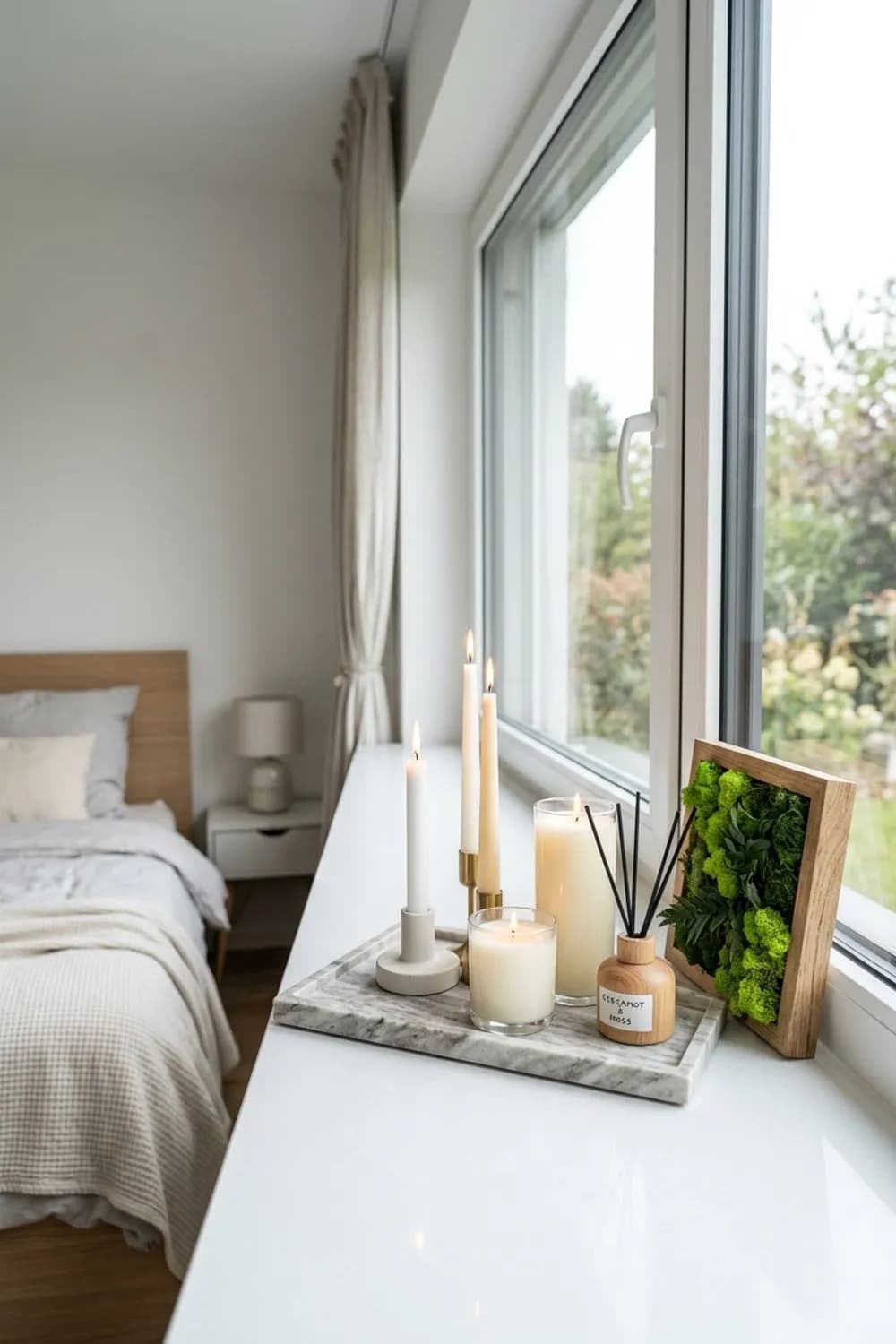 Oase der Ruhe: Ein Tablett mit Kerzen, Duftstäbchen und einem kleinen Moosbild – Fensterbank dekorieren: 10 schöne Ideen