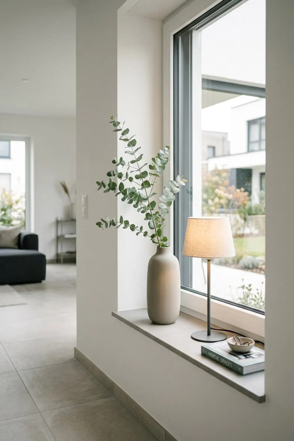 Skandinavische Klarheit: Helle Vase, Eukalyptuszweig und eine schlichte Tischleuchte – Fensterbank dekorieren: 10 schöne Ideen