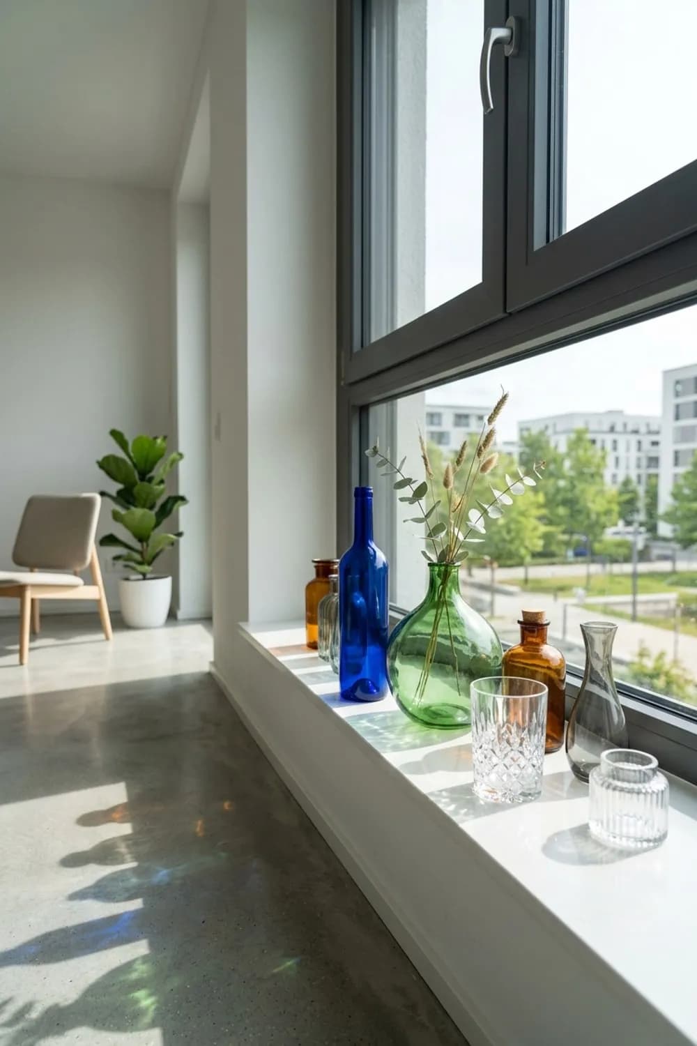 Spiel des Lichts: Farbige Glasvasen, Apothekerflaschen und Kristallgläser – Fensterbank dekorieren: 10 schöne Ideen