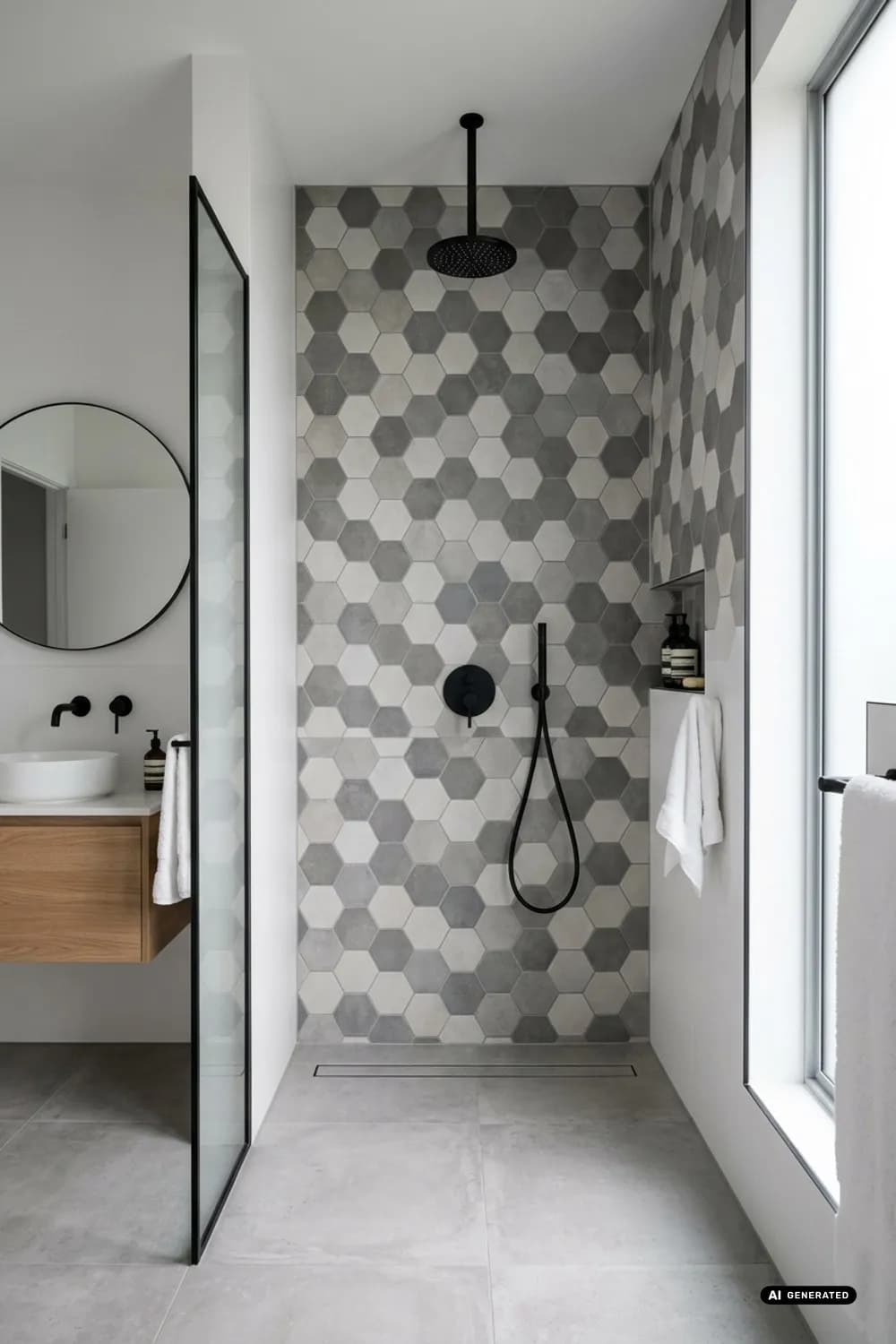 Grafische Muster: Hexagon-Fliesen in Grauabstufungen und minimalistische Armaturen – Fliesen in der Dusche: 9 schöne Ideen