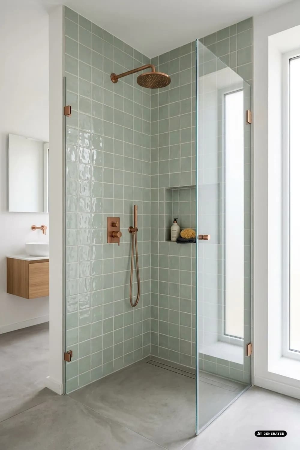 Moderner Landhausstil: Steingut-Fliesen in Pastelltönen und Armaturen in Kupferoptik – Fliesen in der Dusche: 9 schöne Ideen