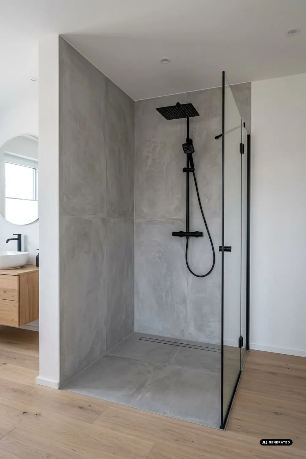 Sanfter Minimalismus: Fugenlose Optik mit Beton-Ciré-Fliesen und Unterputz-Armatur – Fliesen in der Dusche: 9 schöne Ideen