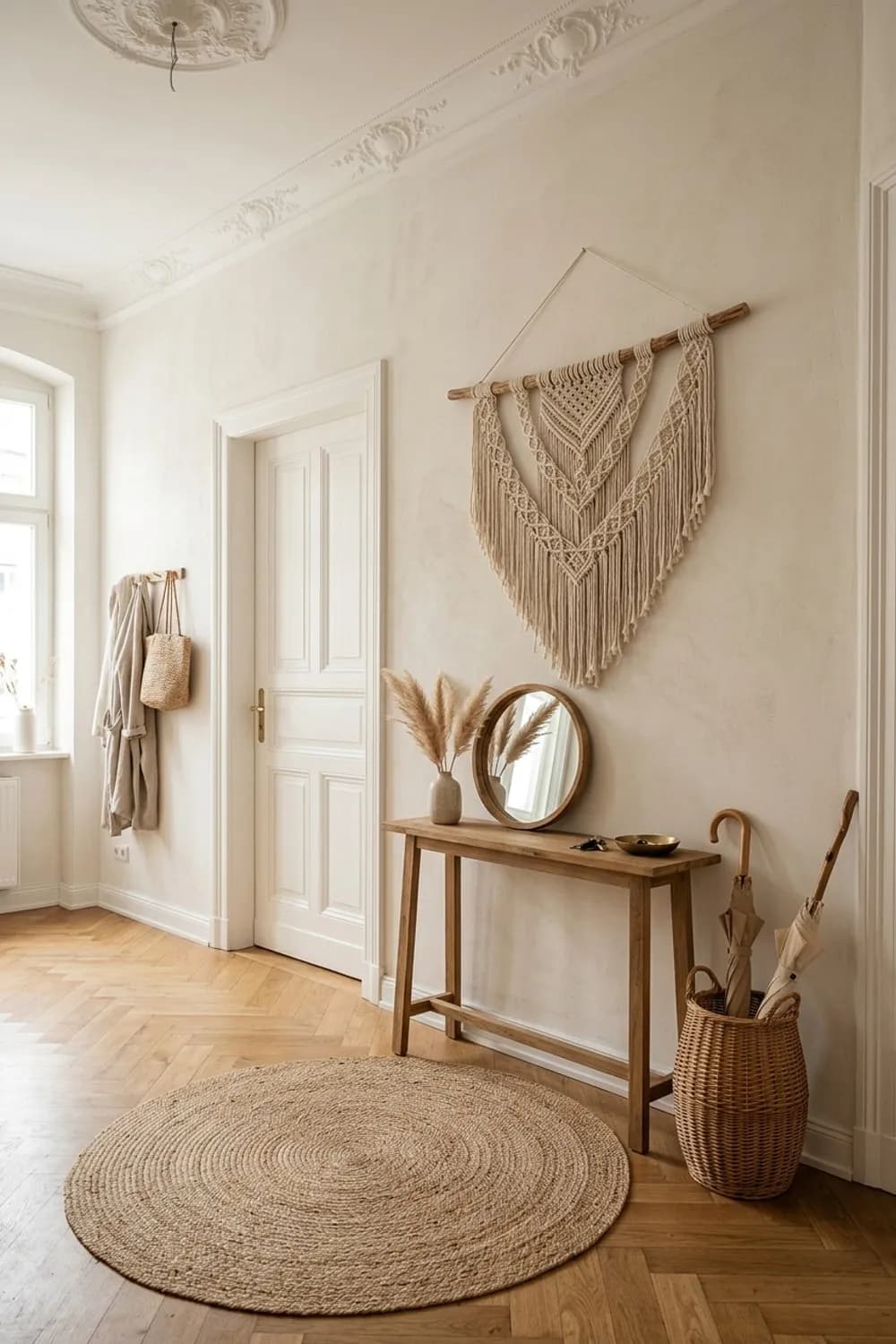 Boho-Charme: Runder Jute-Teppich, Makramee-Wandbehang und ein Korb für Schirme – Flur dekorieren: 9 schöne Ideen