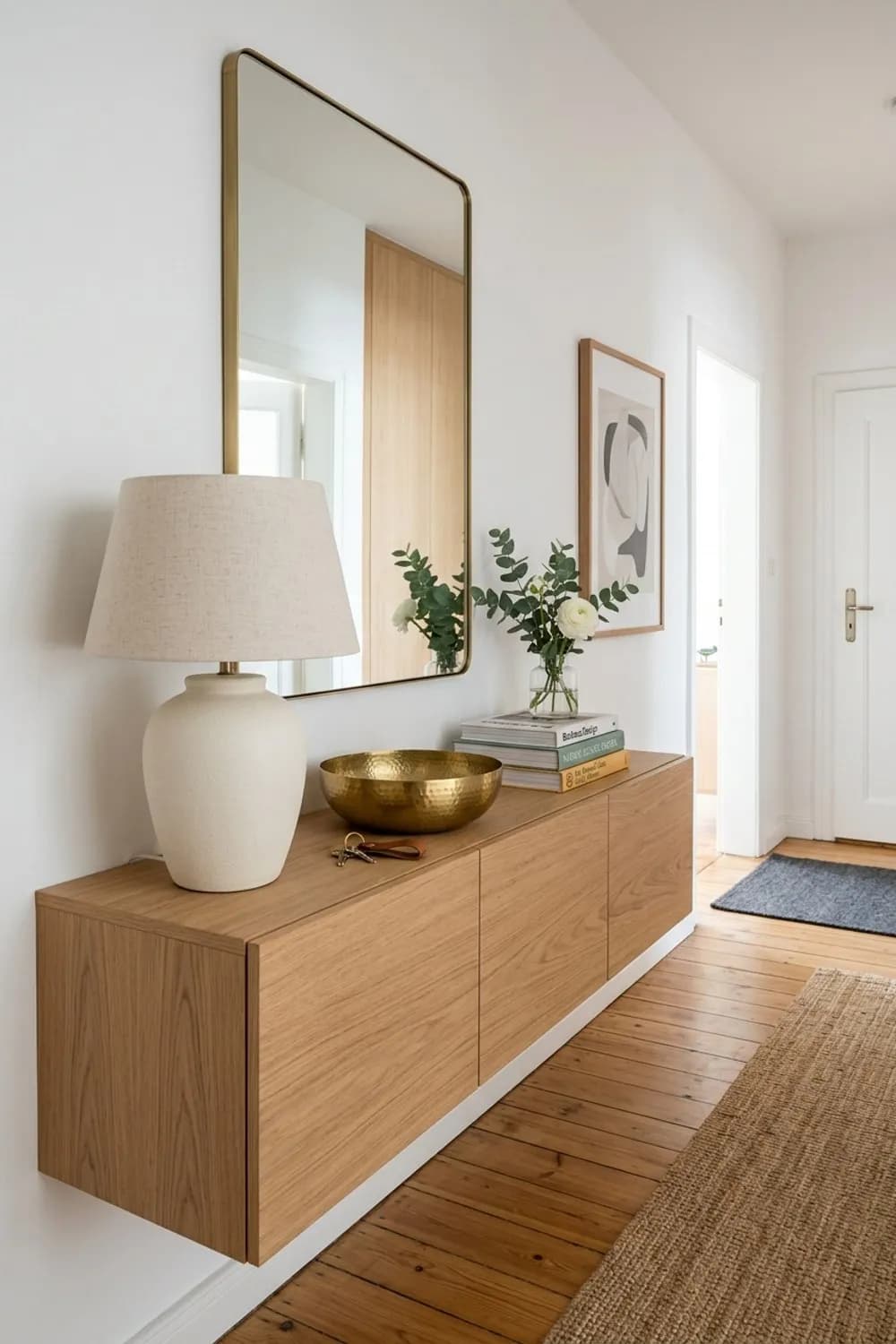 Funktionale Eleganz: Schwebendes Sideboard, große Tischleuchte und eine Schlüsselschale aus Messing – Flur dekorieren: 9 schöne Ideen