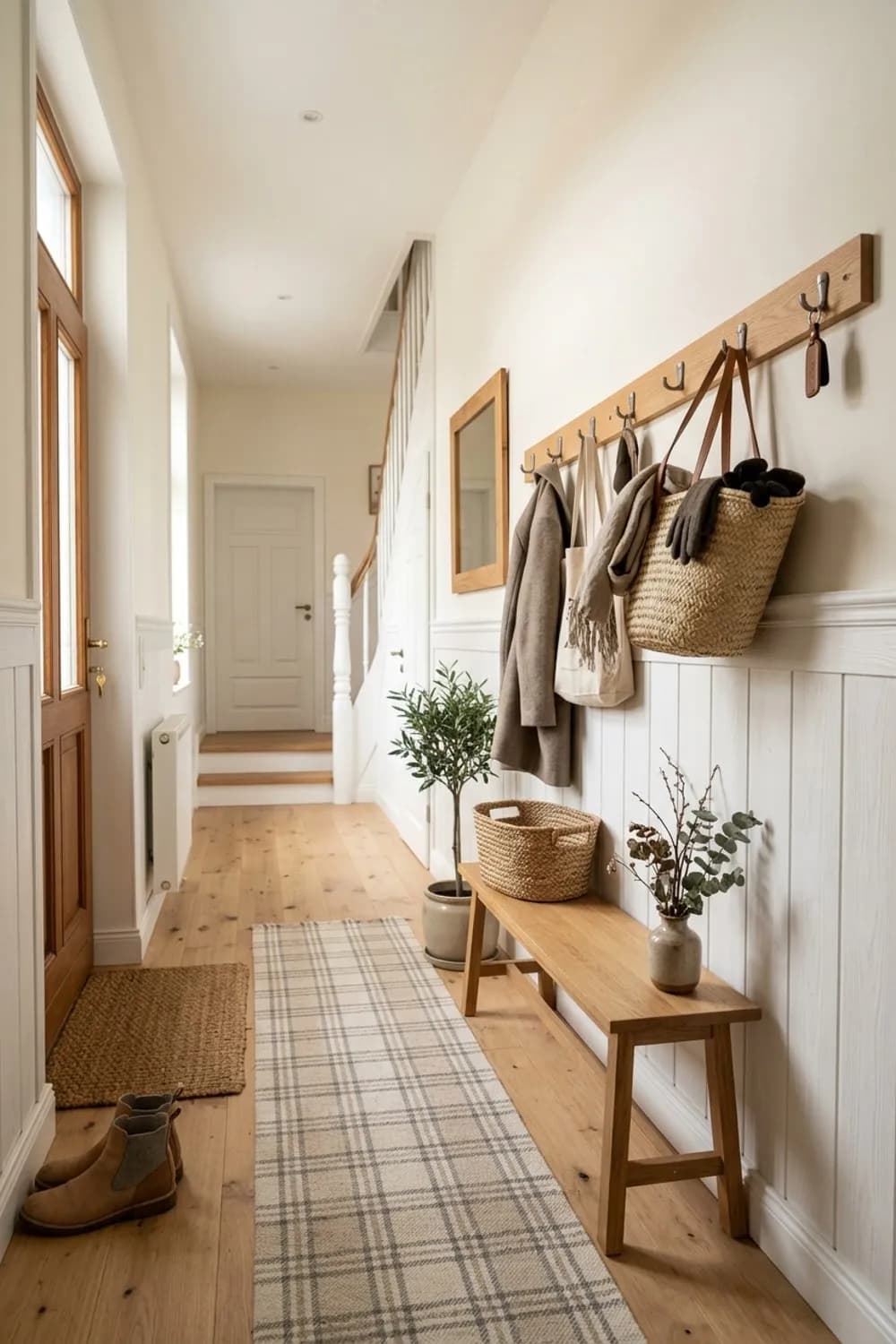 Ländliche Gemütlichkeit: Weiße Holzpaneele, Garderobenleiste mit Körben und ein Läufer mit Karomuster – Flur dekorieren: 9 schöne Ideen