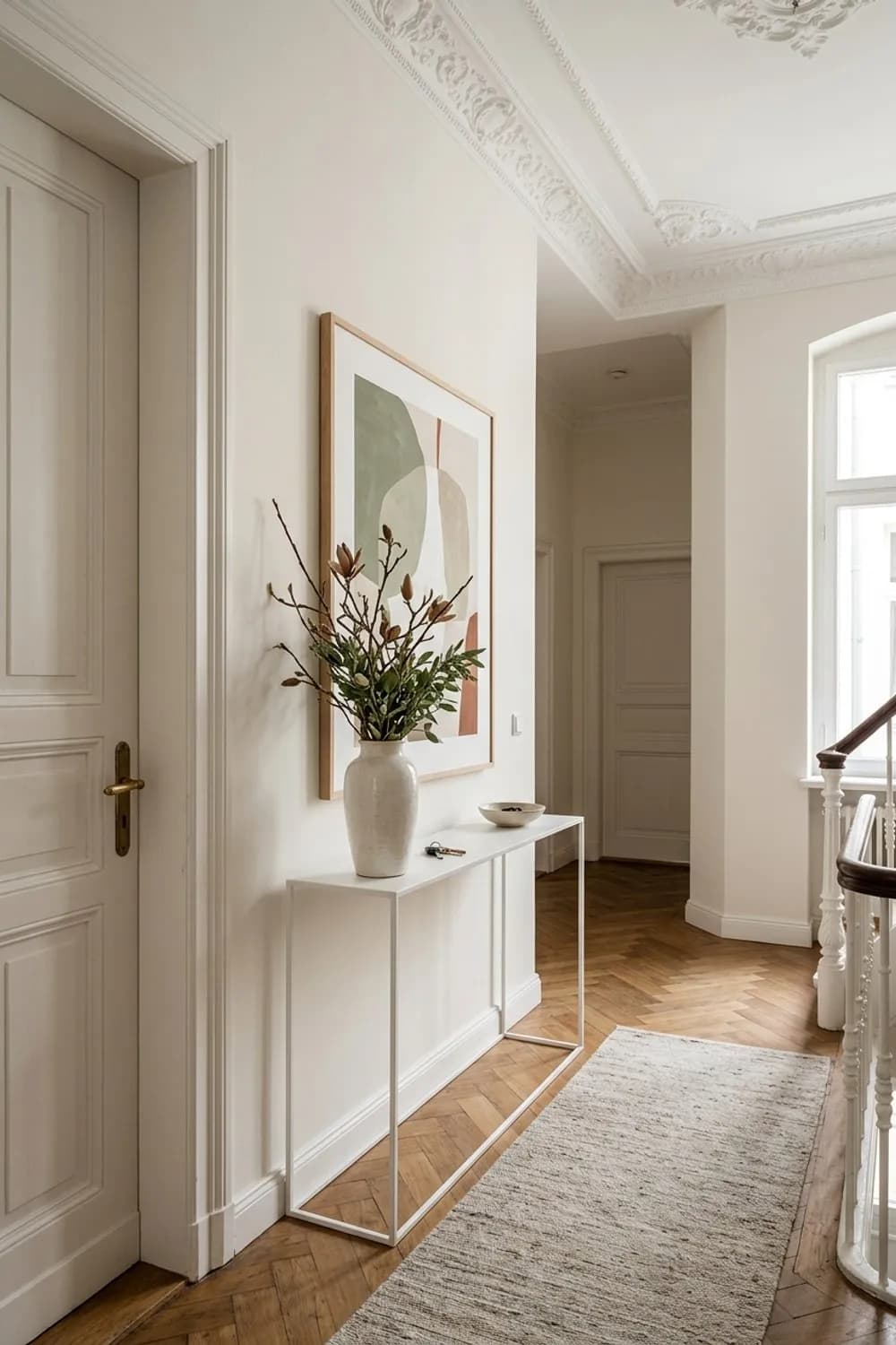 Minimalistischer Farbtupfer: Schlichte weiße Konsole, eine große Vase und ein farblich passendes Kunstwerk – Flur dekorieren: 9 schöne Ideen