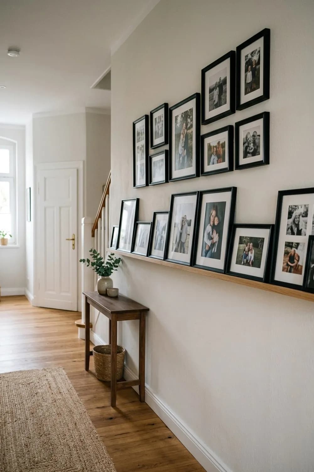 Persönliche Galerie-Wand: Einheitliche Bilderrahmen, Familienfotos und eine schmale Bilderleiste – Flur dekorieren: 9 schöne Ideen