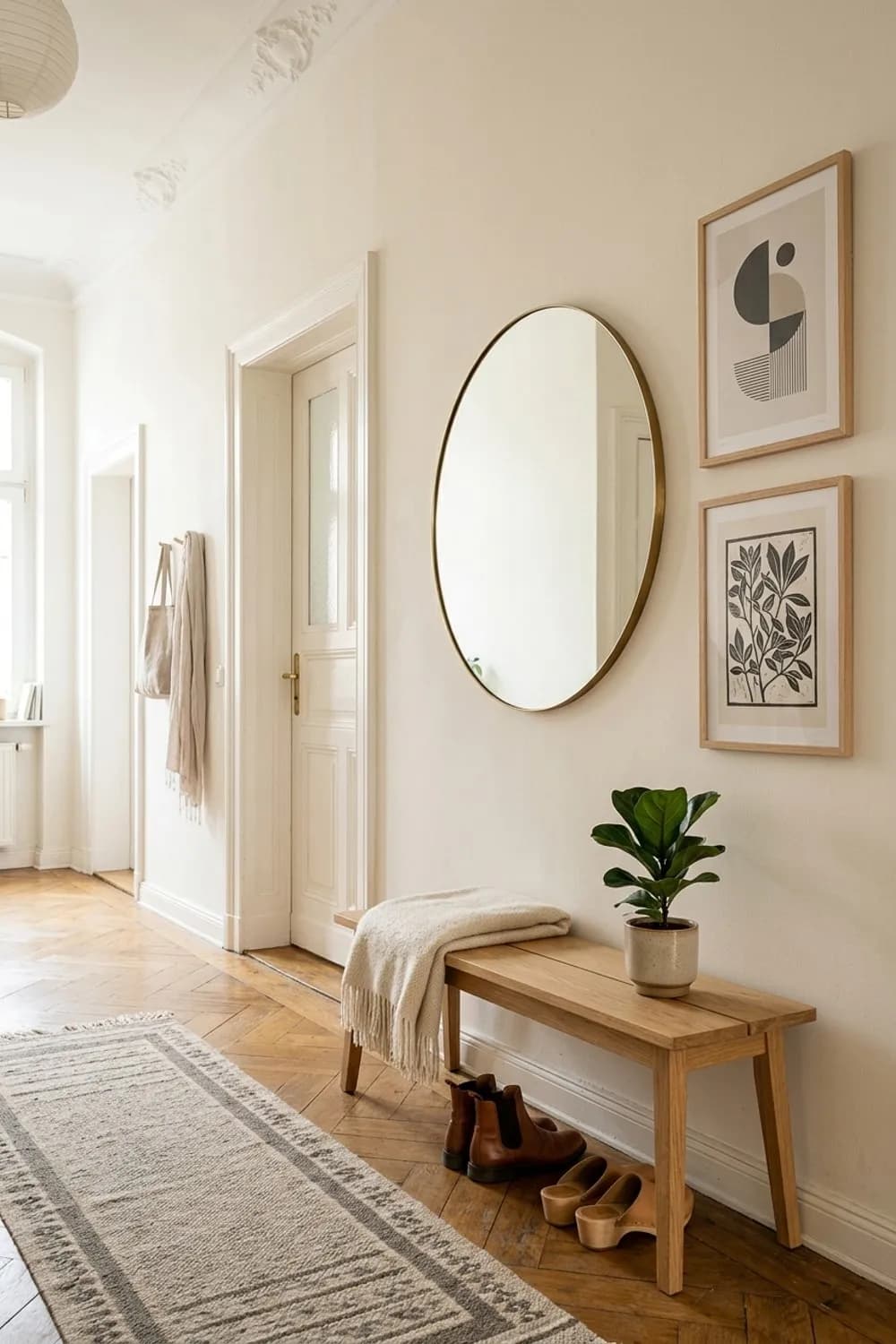 Skandinavische Klarheit: Helle Holzbank, runder Spiegel und grafische Poster – Flur dekorieren: 9 schöne Ideen