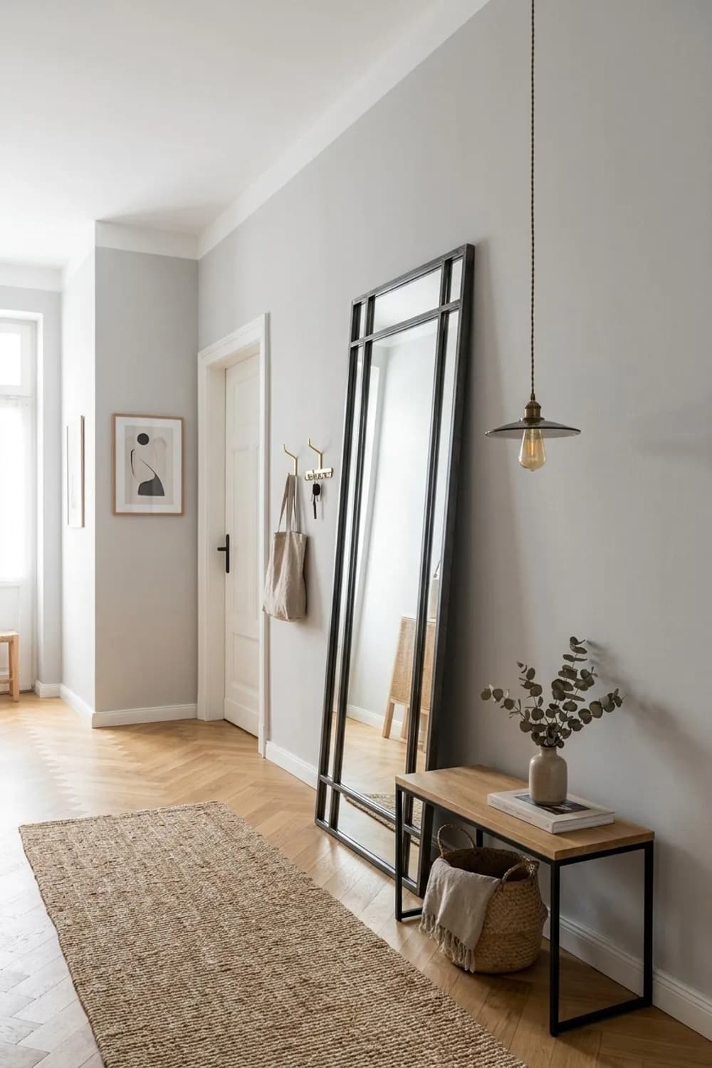 Spiel mit Reflexionen: Übergroßer Standspiegel, filigrane Pendelleuchte und eine schmale Bank – Flur dekorieren: 9 schöne Ideen