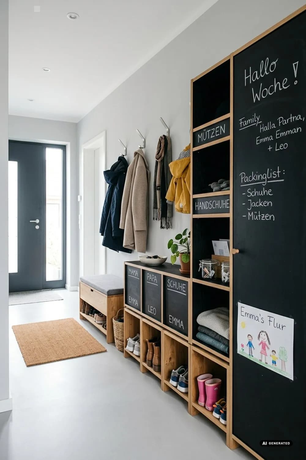 Familienfreundliches Foyer: Modulares Regalsystem, robuste Materialien und eine Maltafel – Flur gestalten: Die schönsten Ideen für deinen Eingangsbereich