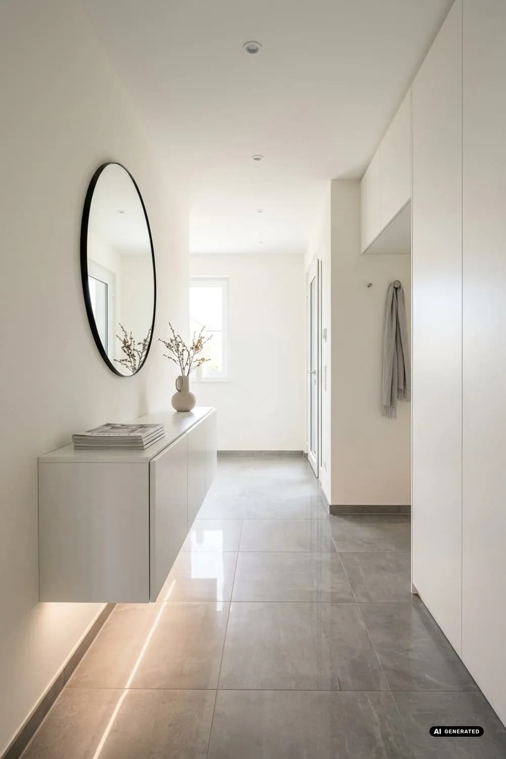 Minimalistischer Purismus: Schwebendes Sideboard, versteckte Garderobe und indirekte Beleuchtung – Flur gestalten: Die schönsten Ideen für deinen Eingangsbereich