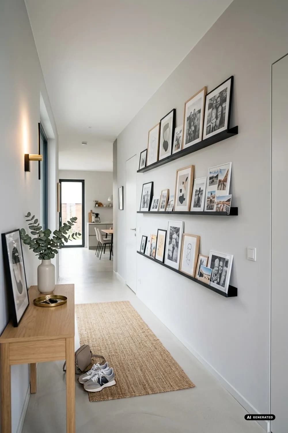 Persönliche Galerie: Schmale Bilderleisten, eine Wand voller Erinnerungen und gezielte Spots – Flur gestalten: Die schönsten Ideen für deinen Eingangsbereich