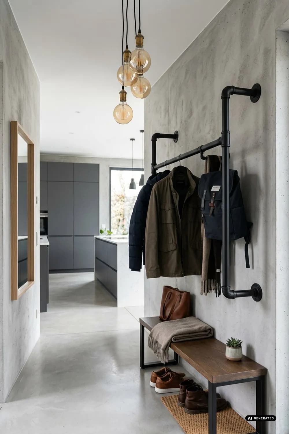Urbaner Industrial-Look: Garderobe aus Wasserrohren, Wand in Betonoptik und große Glühbirnen – Flur gestalten: Die schönsten Ideen für deinen Eingangsbereich