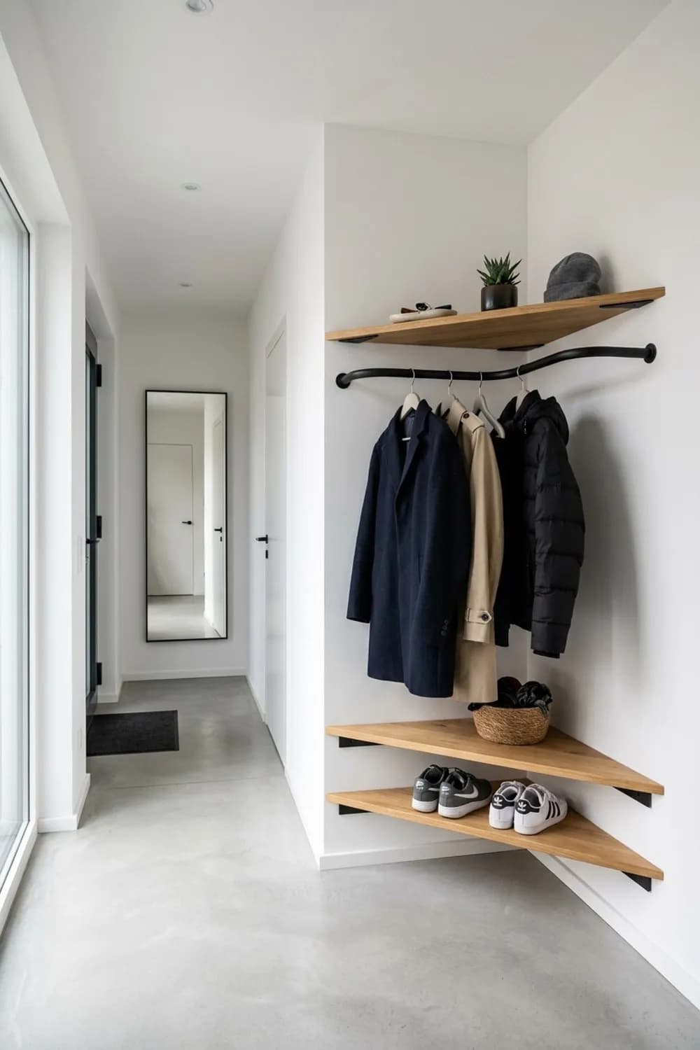 Clevere Ecklösung: Eine Eck-Garderobenstange mit dreieckigen Ablageflächen – Garderobe im kleinen und schmalen Flur: 10 schöne Ideen