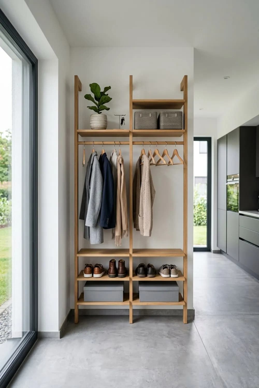 Das luftige System: Zwei Wandleitern, Regalböden und eine Kleiderstange aus Holz – Garderobe im kleinen und schmalen Flur: 10 schöne Ideen