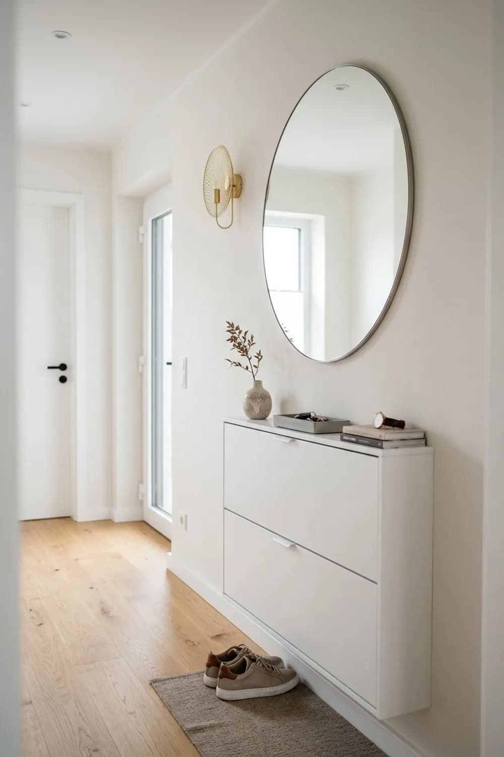 Das Multifunktionswunder: Schmaler Schuhkipper, großer runder Spiegel und eine filigrane Wandleuchte – Garderobe im kleinen und schmalen Flur: 10 schöne Ideen