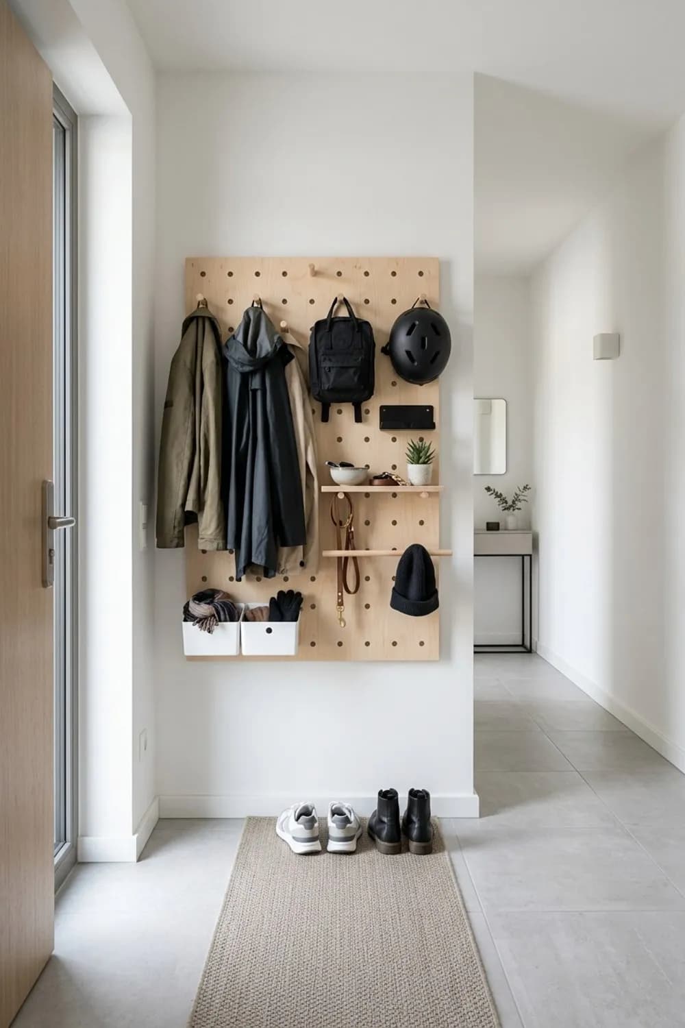 Das Organisationstalent: Ein modulares Pegboard, Regalböden und kleine Boxen – Garderobe im kleinen und schmalen Flur: 10 schöne Ideen