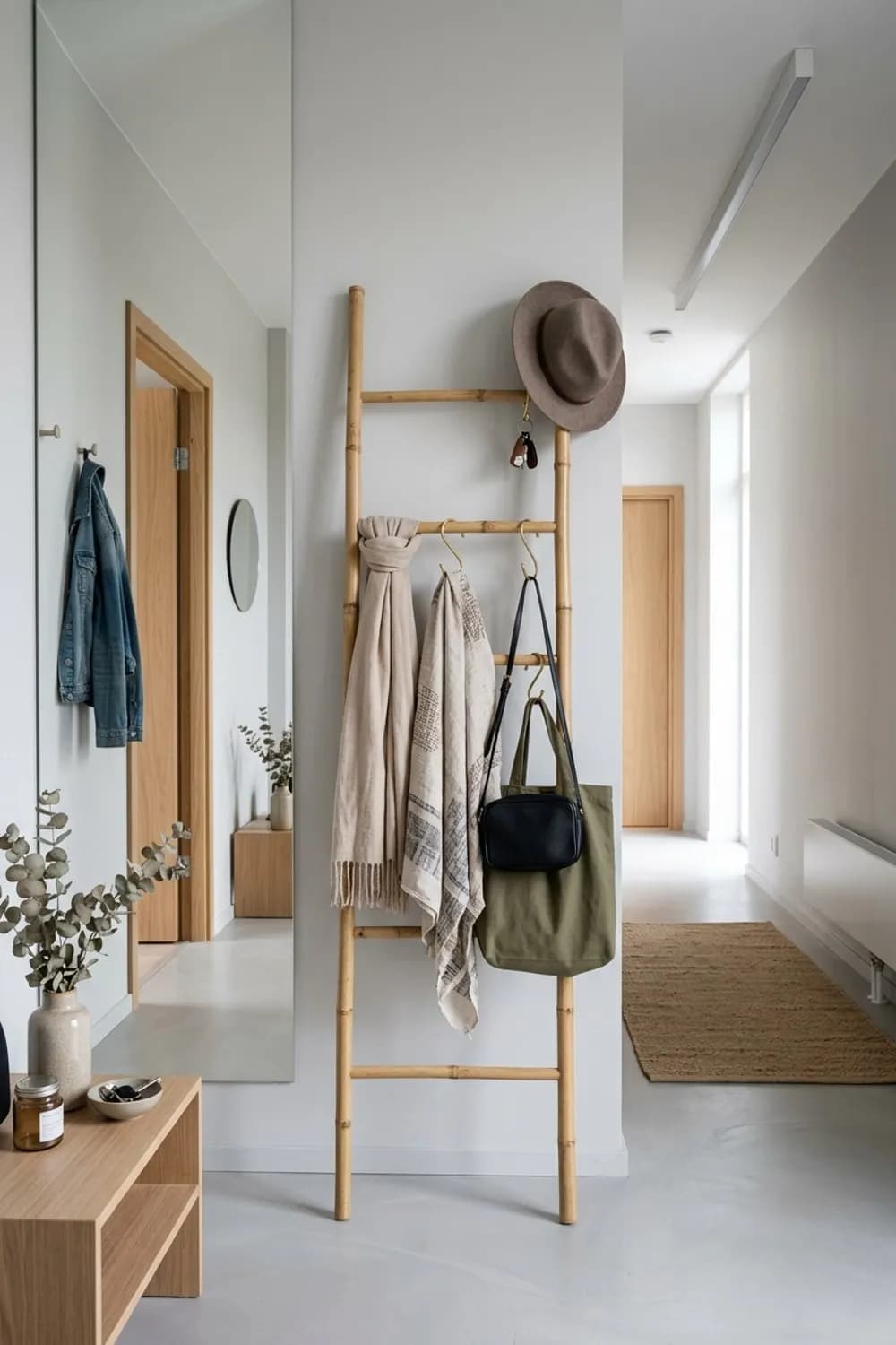Dekorative Anlehnleiter: Eine Leiter aus Bambus mit S-Haken für Accessoires – Garderobe im kleinen und schmalen Flur: 10 schöne Ideen