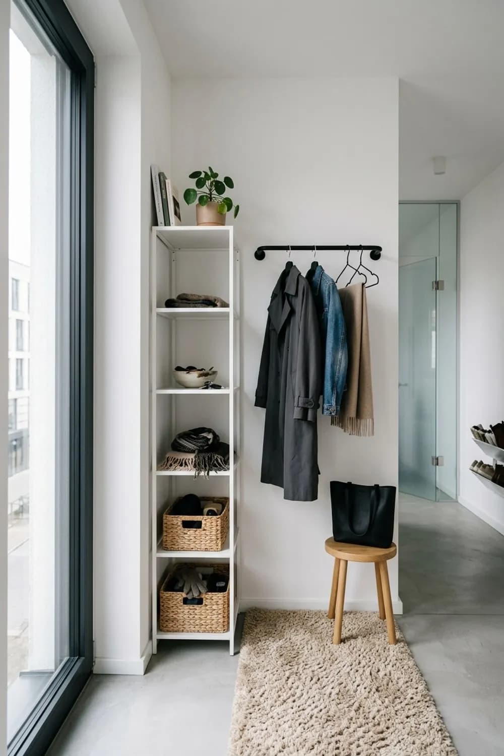 Der Eck-Experte: Ein schmales Eckregal, eine Kleiderstange und ein Hochflor-Teppich – Garderobe im kleinen und schmalen Flur: 10 schöne Ideen