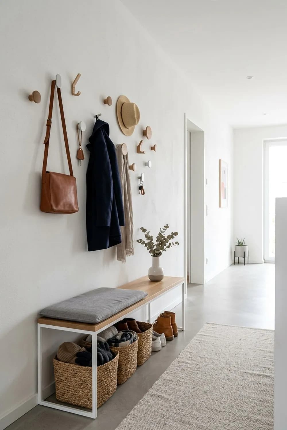 Die flexible Hakenleiste: Individuelle Wandknöpfe, eine schmale Sitzbank und Körbe für Accessoires – Garderobe im kleinen und schmalen Flur: 10 schöne Ideen