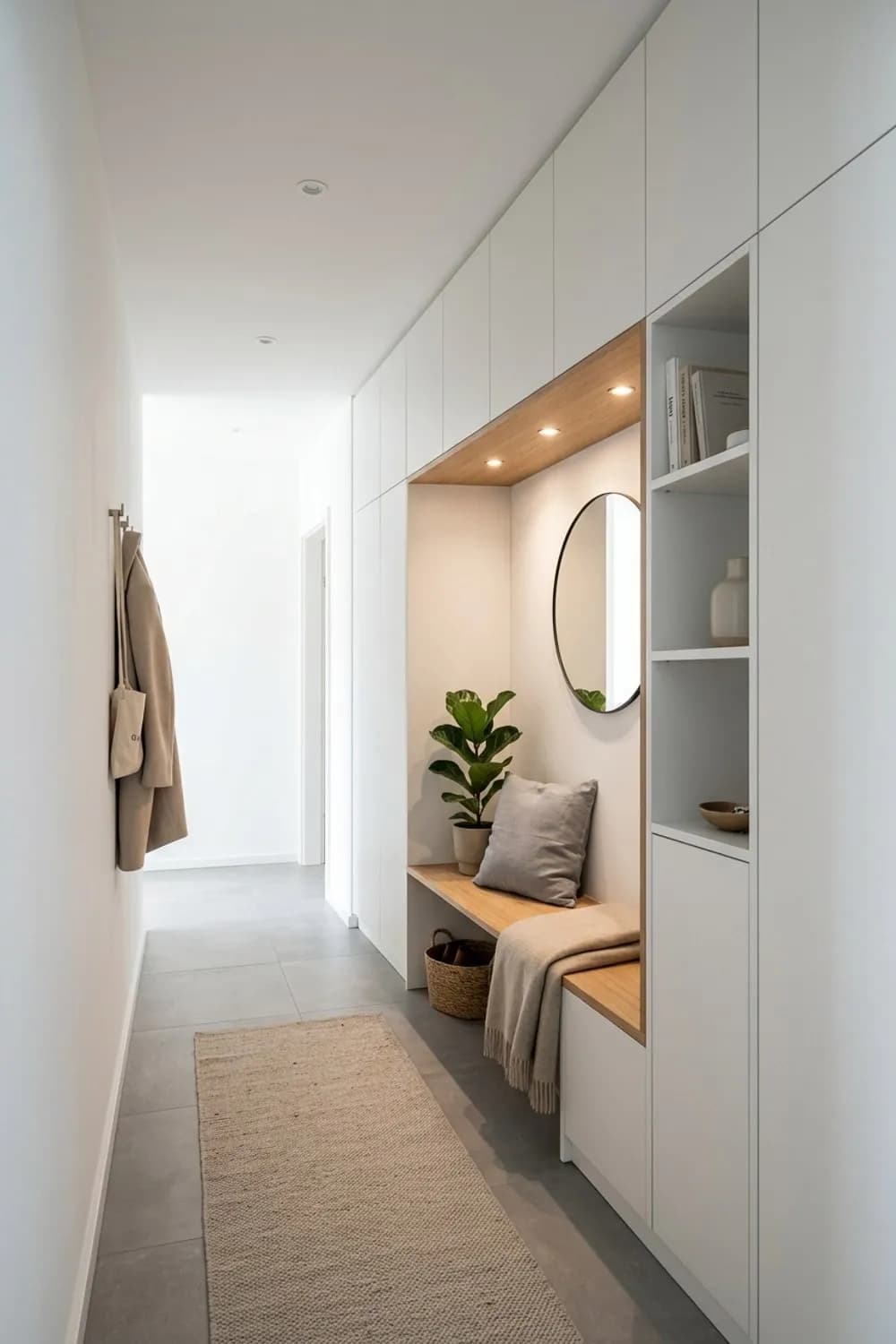 Die Nischenlösung: Maßgefertigte Einbauten, eine Sitznische und integrierte Spots – Garderobe im kleinen und schmalen Flur: 10 schöne Ideen
