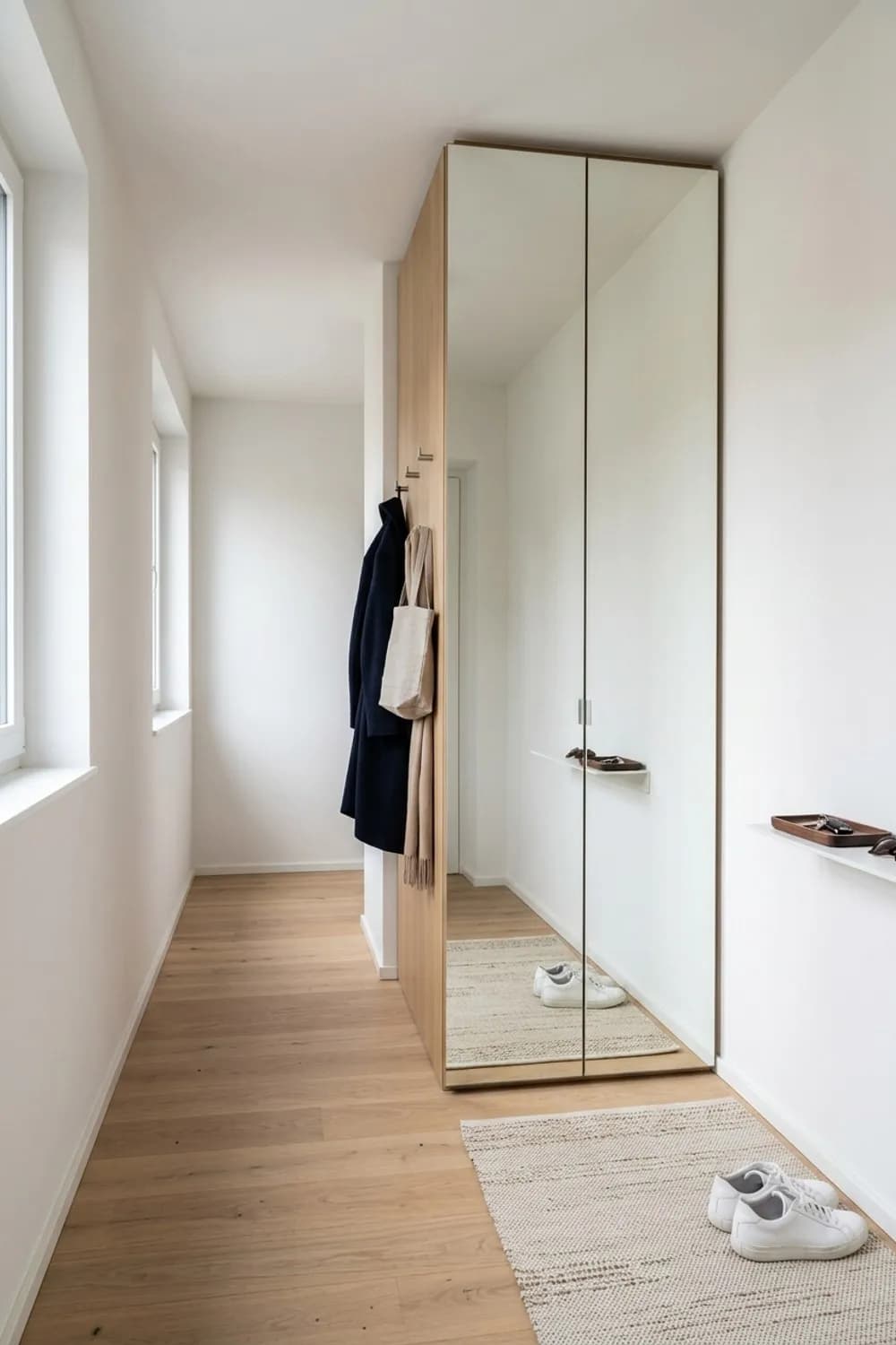 Die Spiegel-Garderobe: Ein hoher Spiegelschrank, integrierte Haken und eine helle Fußmatte – Garderobe im kleinen und schmalen Flur: 10 schöne Ideen