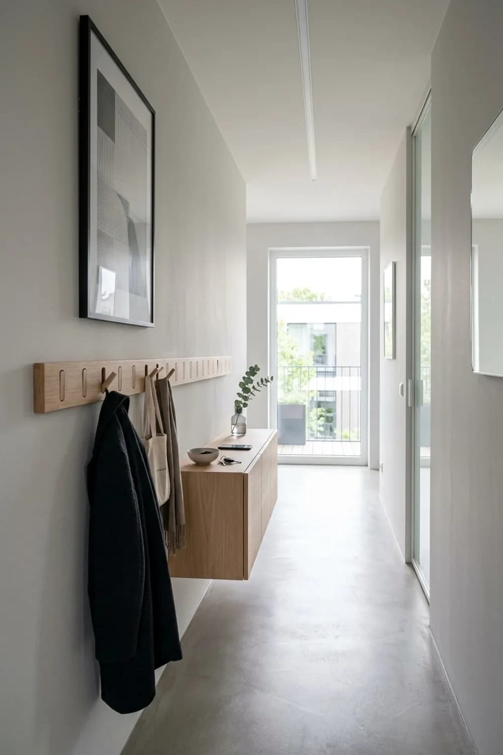 Die unsichtbare Garderobe: Klapphaken, ein Bild als Verkleidung und ein schwebendes Sideboard – Garderobe im kleinen und schmalen Flur: 10 schöne Ideen