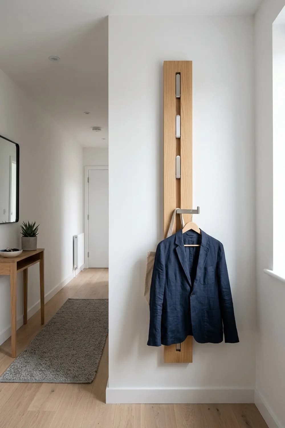 Diskrete Klapphaken: Versenkbare Haken in einer Holzleiste an der Wand – Garderobe im kleinen und schmalen Flur: 10 schöne Ideen