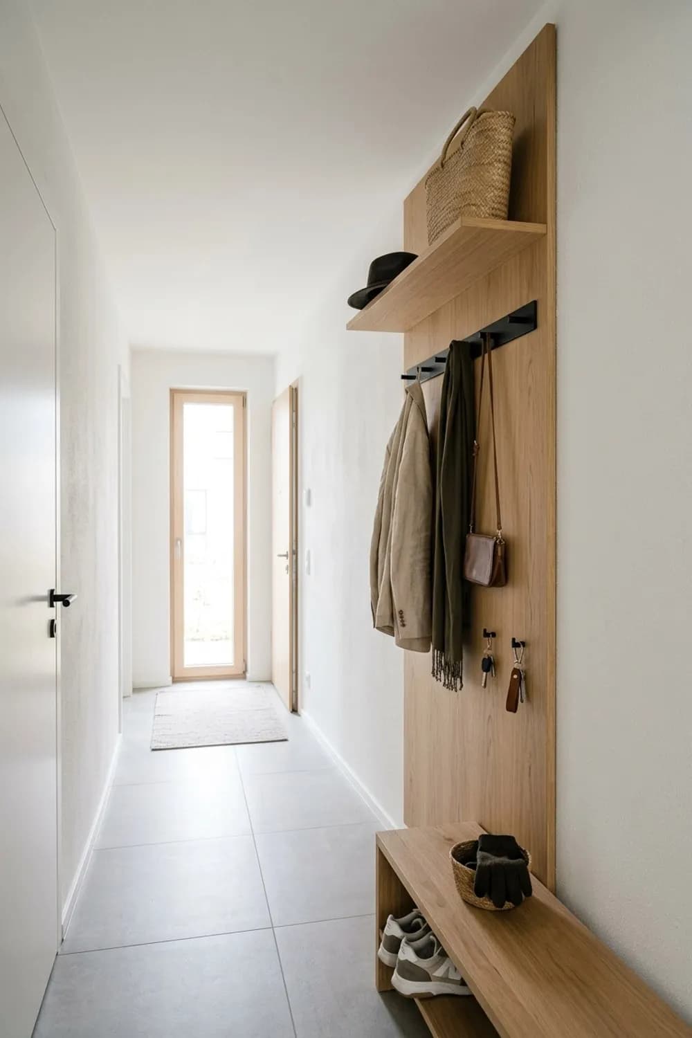 Vertikales Wandpaneel: Hohe Garderobe mit integrierter Hakenleiste und Hutablage – Garderobe im kleinen und schmalen Flur: 10 schöne Ideen