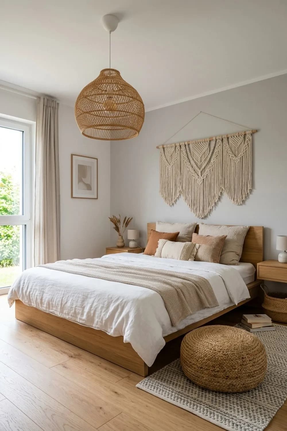 Boho-Chic: Rattan-Hängeleuchte, Makramee-Wandbehang und ein Sitzpouf aus Jute – Gemütliches Schlafzimmer: 11 schöne Ideen