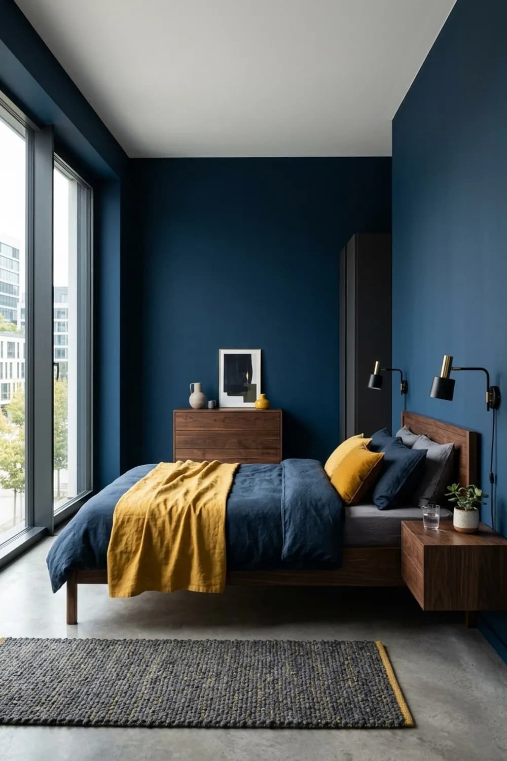 Dunkle Geborgenheit: Wände in Tiefblau, dunkle Holzmöbel und Akzente in Senfgelb – Gemütliches Schlafzimmer: 11 schöne Ideen