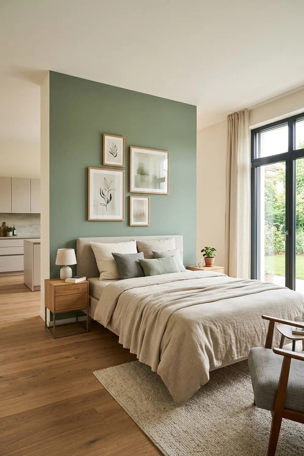 Gedeckte Wandfarben: Salbeigrüne Akzentwand, cremefarbene Wände und Bilder in Holzrahmen – Gemütliches Schlafzimmer: 11 schöne Ideen