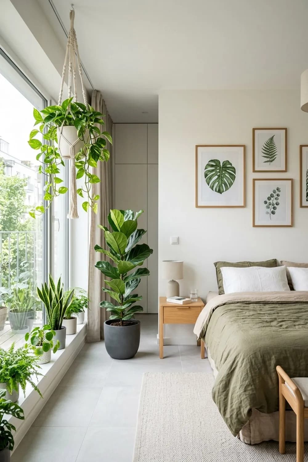 Grüne Oase: Hängende Efeutute, eine große Geigenfeige und botanische Drucke – Gemütliches Schlafzimmer: 11 schöne Ideen