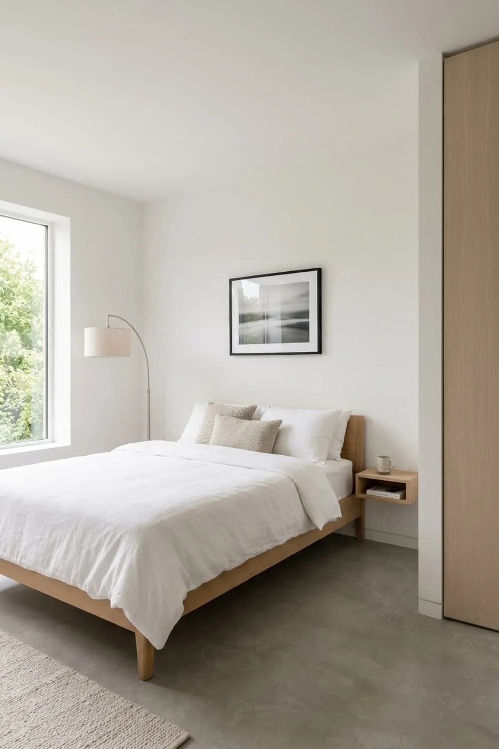 Minimalistische Wärme: Helles Holzbett ohne Kopfteil, versteckter Stauraum und eine einzelne Kunst-Fotografie – Gemütliches Schlafzimmer: 11 schöne Ideen