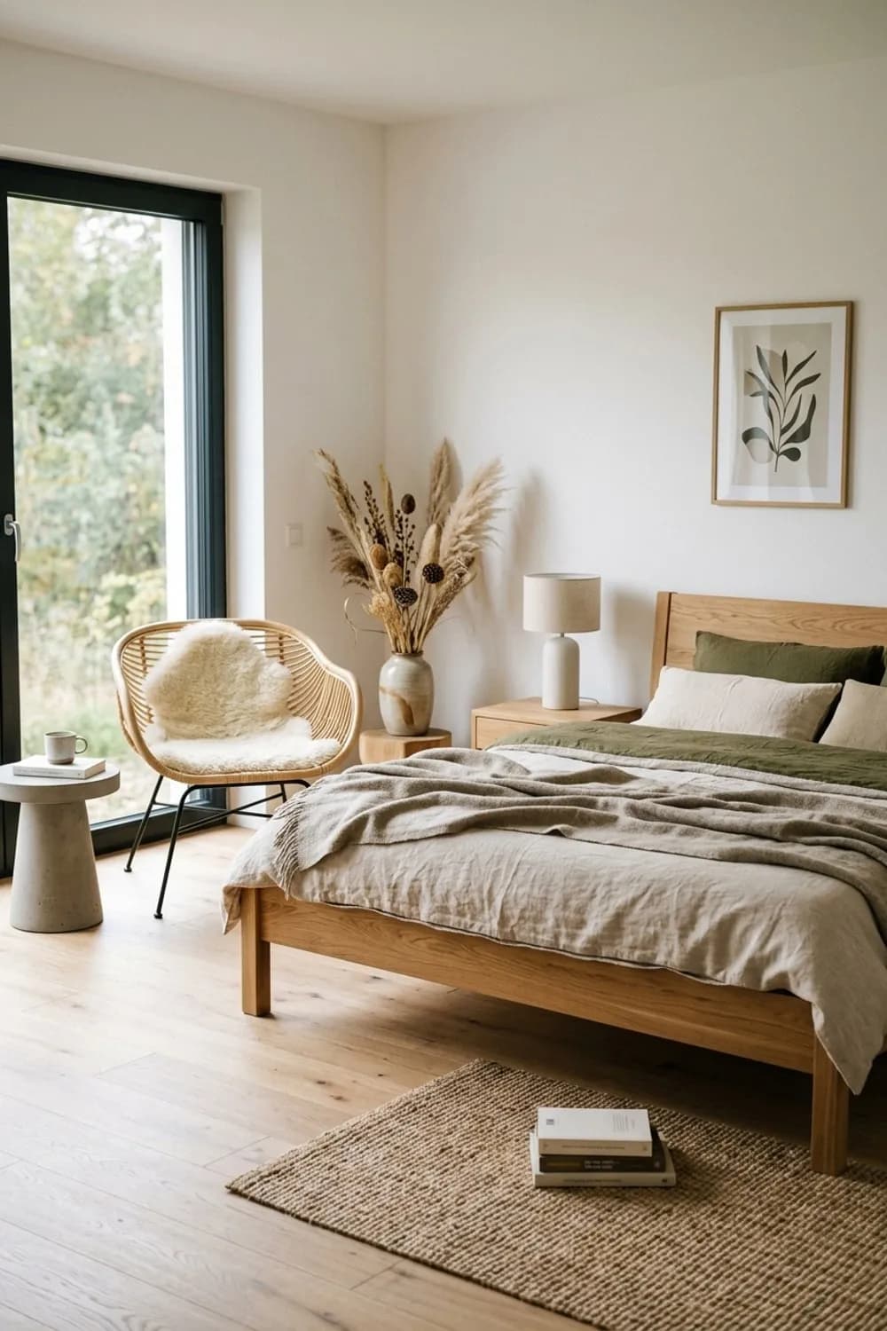 Natürliche Materialien: Massivholzbett, Rattansessel und getrocknete Gräser – Gemütliches Schlafzimmer: 11 schöne Ideen