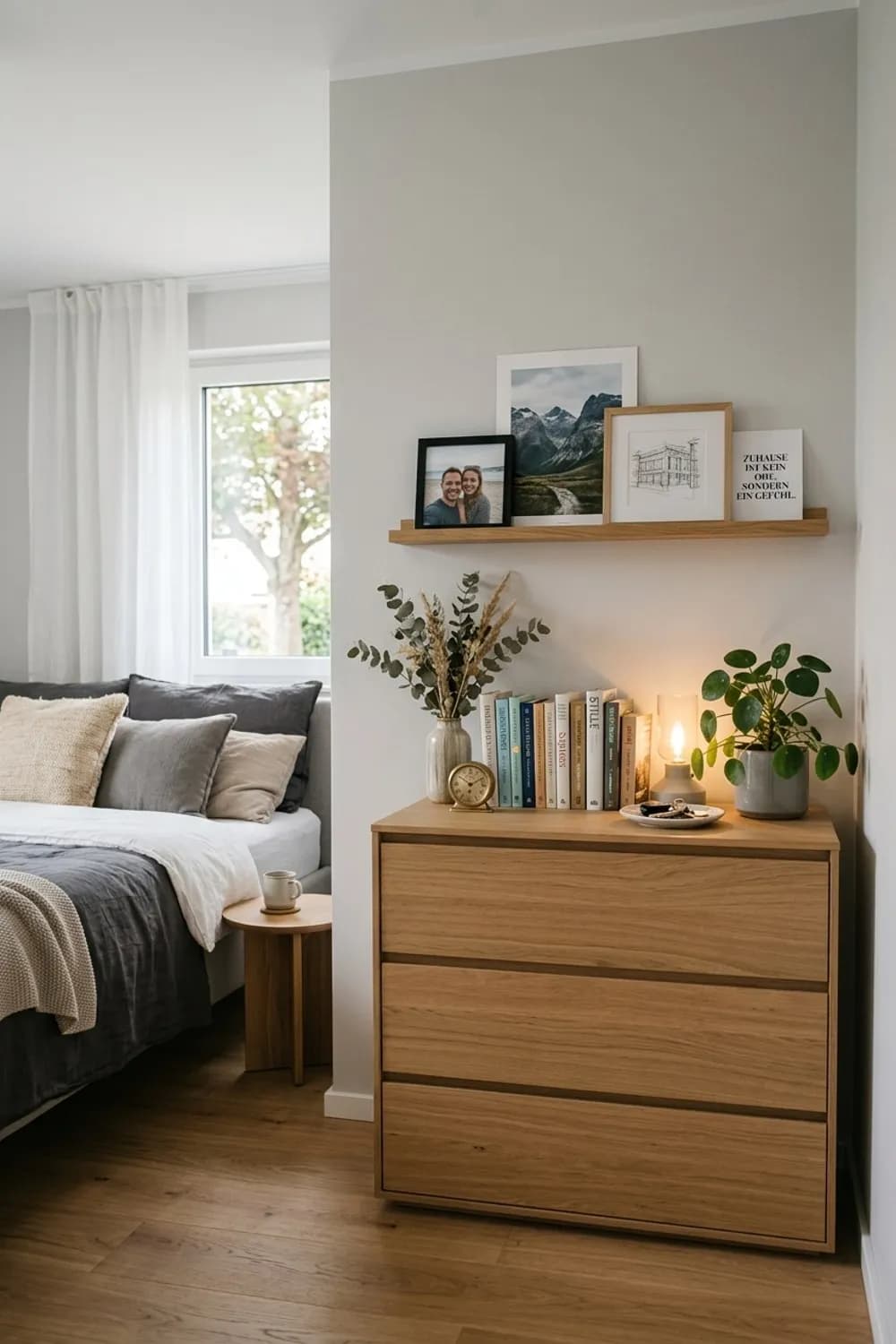 Persönliche Note: Eine Bilderleiste über der Kommode, Erbstücke und Lieblingsbücher – Gemütliches Schlafzimmer: 11 schöne Ideen