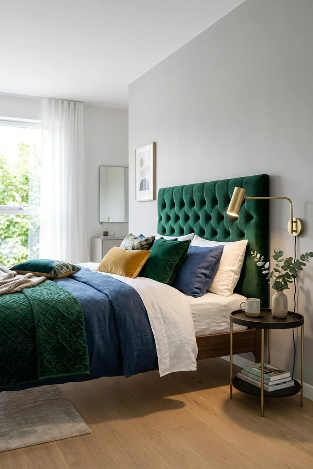 Statement am Bett: Gepolstertes Kopfteil aus Samt, runde Nachttische und goldene Leseleuchten – Gemütliches Schlafzimmer: 11 schöne Ideen
