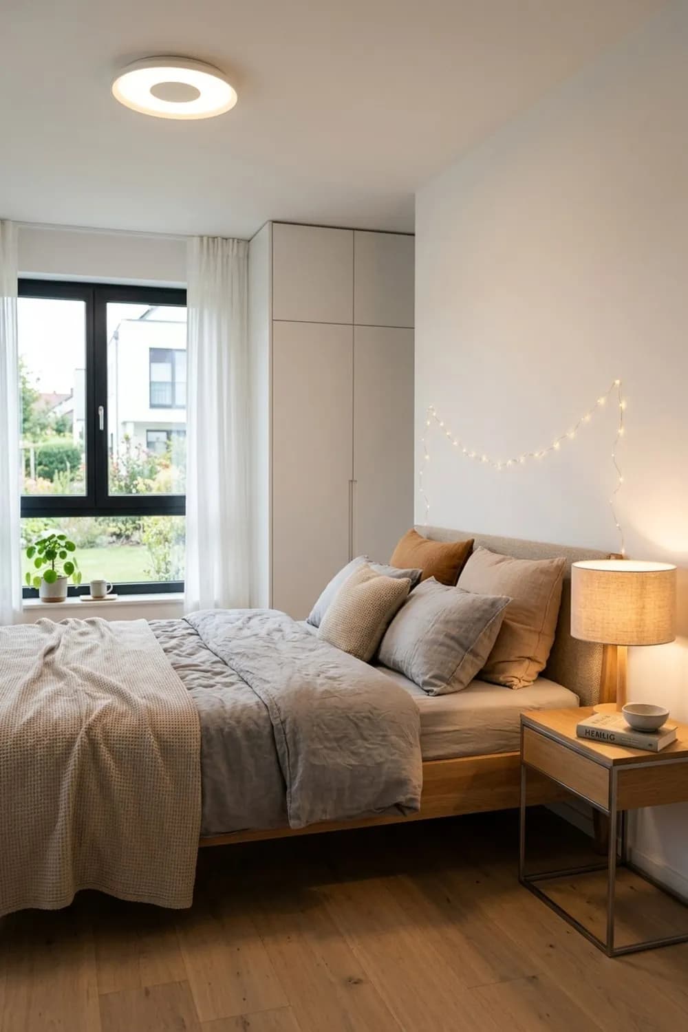 Warmes Lichtkonzept: Nachttischlampen mit Stoffschirm, Lichterkette und dimmbare Deckenleuchte – Gemütliches Schlafzimmer: 11 schöne Ideen