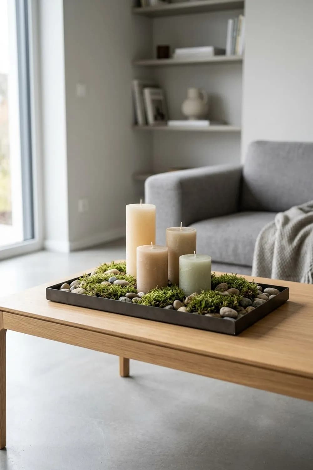 Das Natur-Tablett: Stumpenkerzen, Moos und Kieselsteine auf dem Couchtisch – Kerzendeko für die Wohnung: 10 schöne Ideen