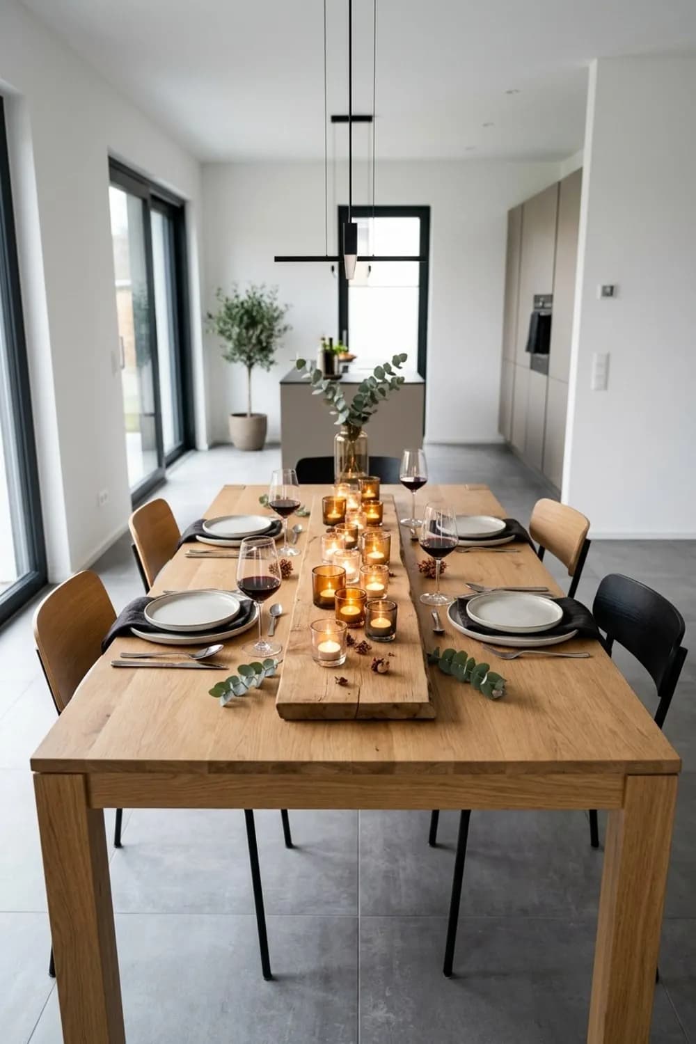 Die lange Tafel: Ein Holzbrett mit vielen kleinen Votivkerzen auf dem Esstisch – Kerzendeko für die Wohnung: 10 schöne Ideen