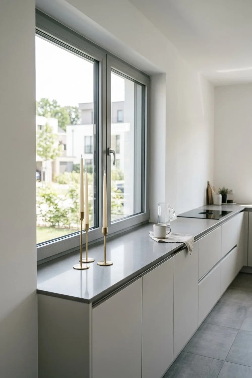 Fensterbank-Galerie: Schlanke Stabkerzen in minimalistischen Messinghaltern – Kerzendeko für die Wohnung: 10 schöne Ideen